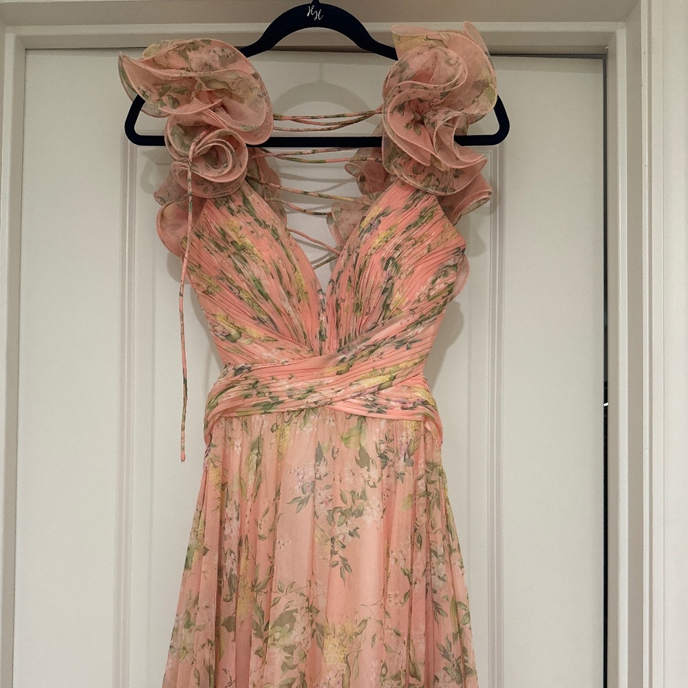 Mac Duggal Pink Floral Ruffled Maxi Dress